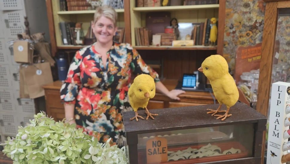 Owner Kristin Smith with several antique goods at Frazer Antique Market.
