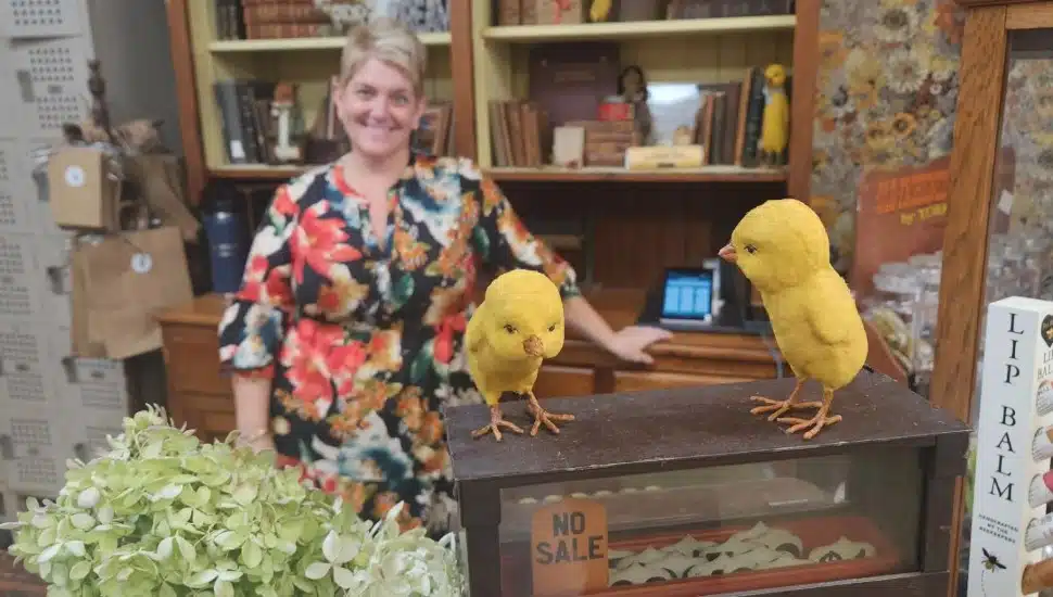 Owner Kristin Smith with several antique goods at Frazer Antique Market.