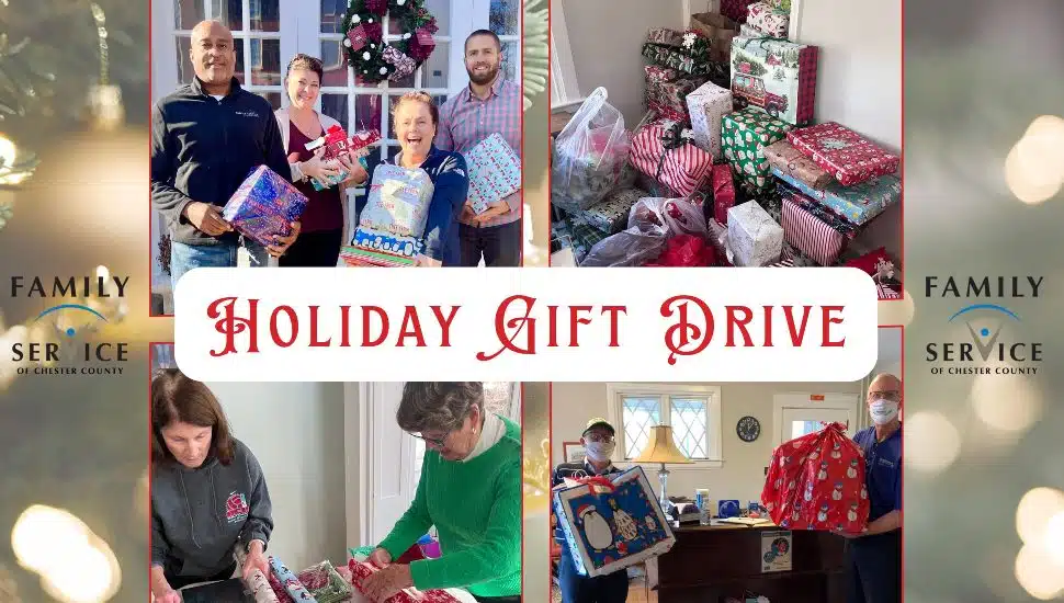A poster announcing the holiday gift drive from Family Service of Chester County.