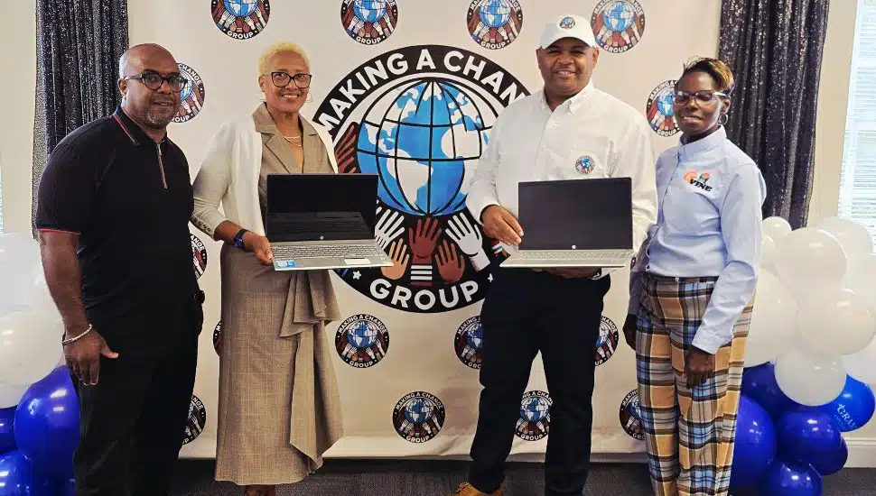 ChesPenn Health Services proudly donates laptops to the Making a Change Group to support youth empowerment and digital learning. From left to right: Howard Hudson, CIO of ChesPenn Health Services, Susan Harris McGovern, President and CEO of ChesPenn Health Services, Cory Long, Executive Director and Founder for the Making a Change Group, and Tiffany Laury, DOO of the Making a Change Group.