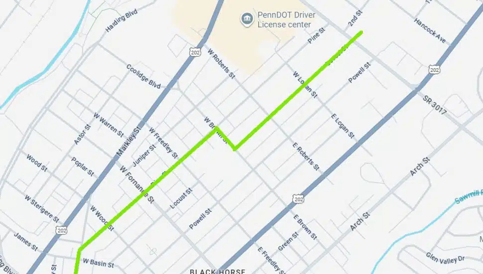 Map showing the planned Pennsylvania American Water main replacement route in Norristown and East Norriton, highlighting the path from West Elm Street along Swede Street through Pine, West Brown, Locust, and Johnson Highway.