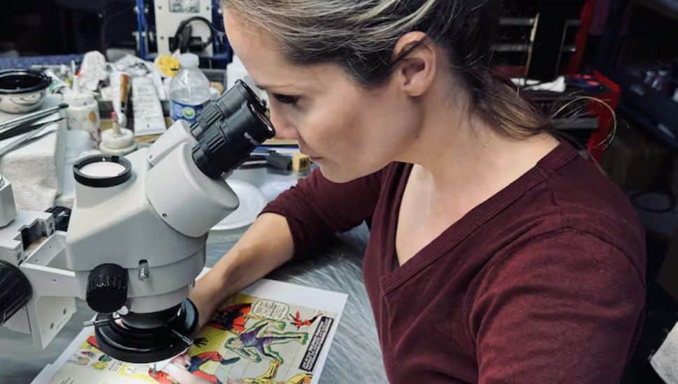 Emily Meyers looks at a comic book under a microscope.