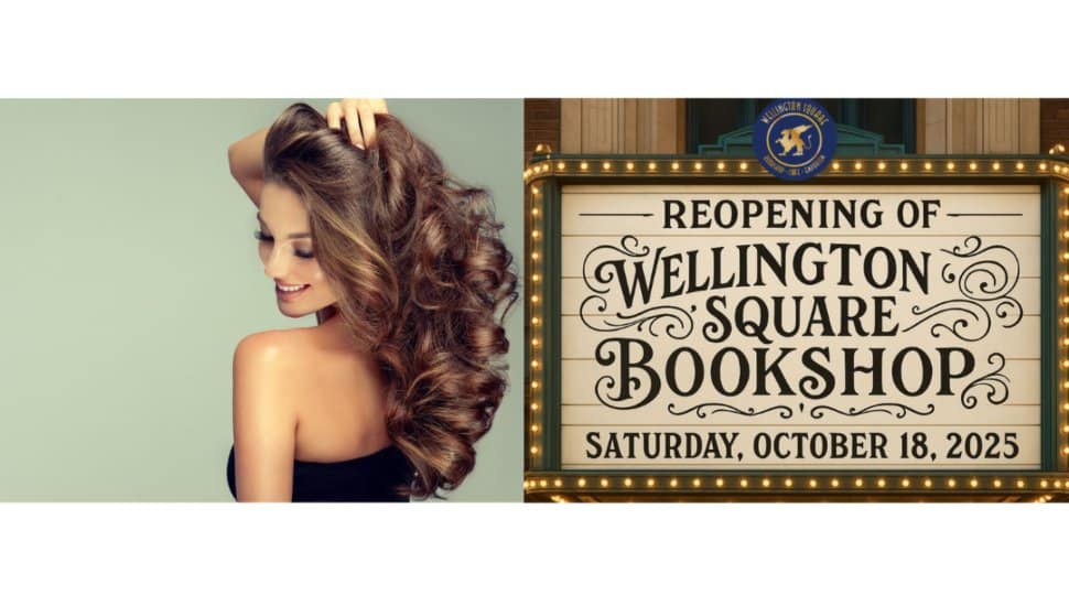 Split image featuring a smiling woman with voluminous, styled hair representing Gemini Hair Design Studio & Spa, alongside a vintage-style marquee sign announcing the reopening of Wellington Square Bookshop on Saturday, October 18, 2025.