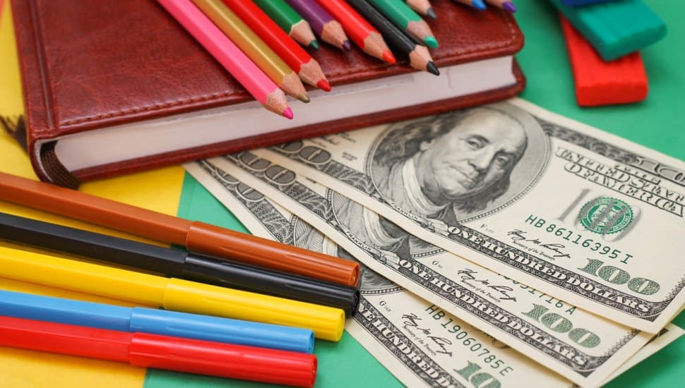 School supplies and $100 bills.