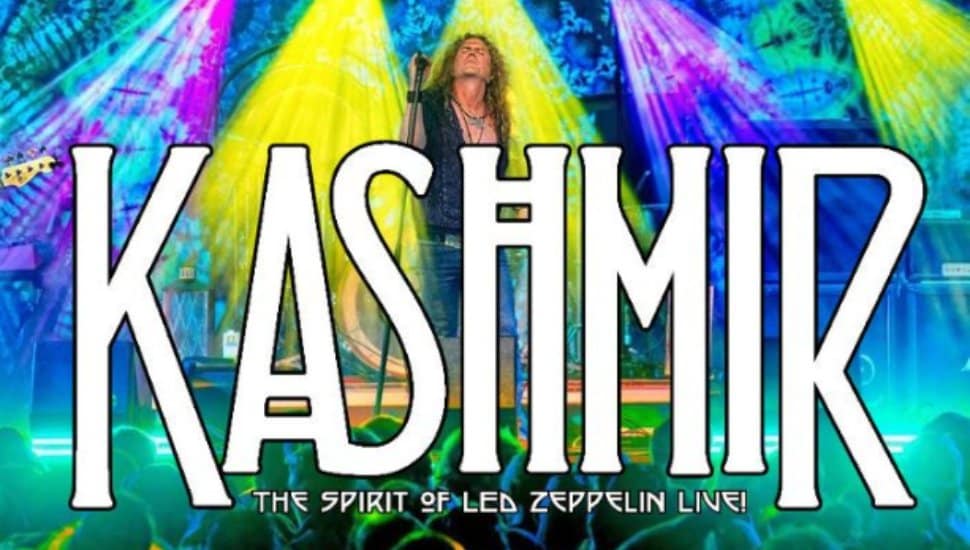 Colorful concert scene featuring Kashmir, a Led Zeppelin tribute band, performing live on stage with vibrant lighting and text reading ‘The Spirit of Led Zeppelin Live.