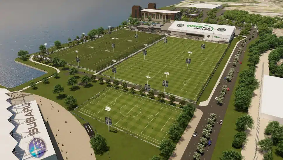 An aerial view of the WSFS Bank Sportsplex at the Chester waterfront.
