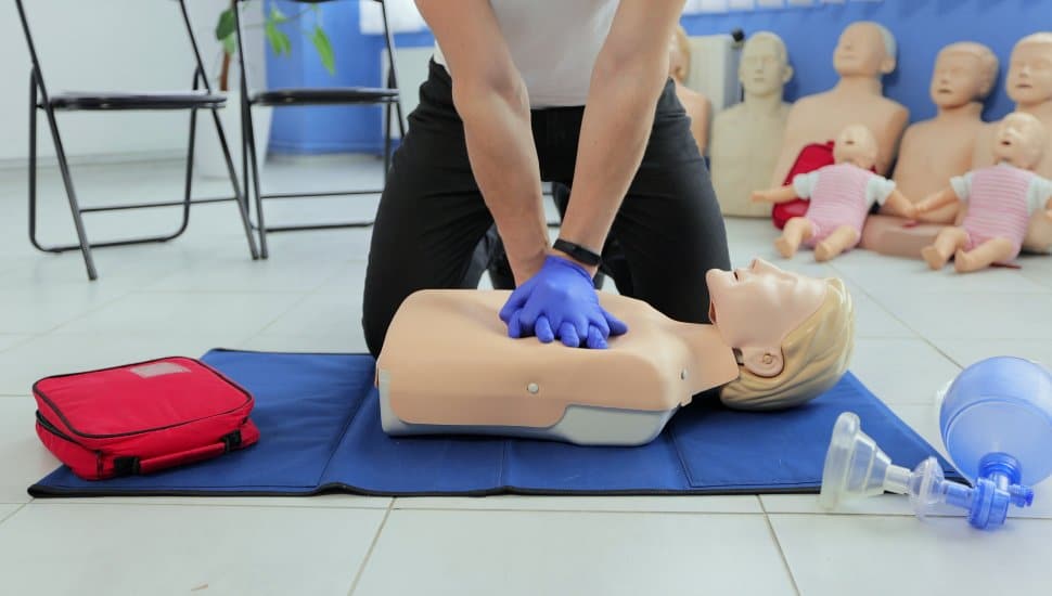 CPR training and First Aid Instruction. First Aid cardiopulmonary resuscitation.