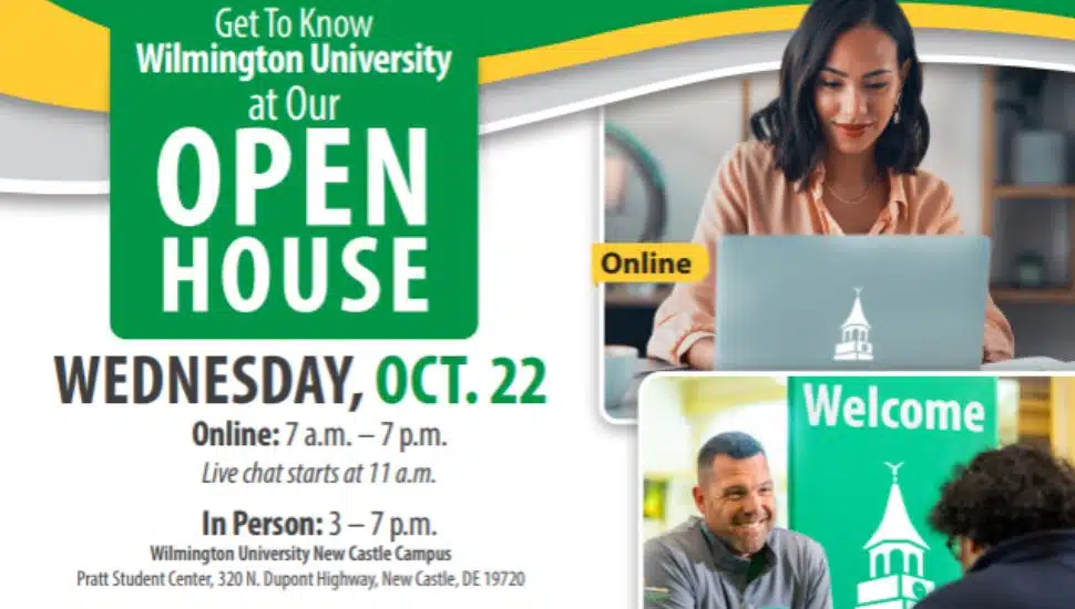 Promotional banner for Wilmington University Open House on Wednesday, October 22. Event held online from 7 a.m. to 7 p.m. with live chat starting at 11 a.m., and in person from 3 p.m. to 7 p.m. at the New Castle Campus. Features students engaging online and in person with ‘Welcome’ signage and Wilmington University branding.