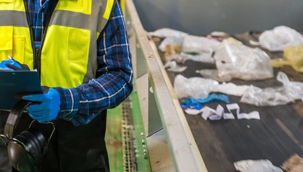 Recycling person reviews belt of trash.