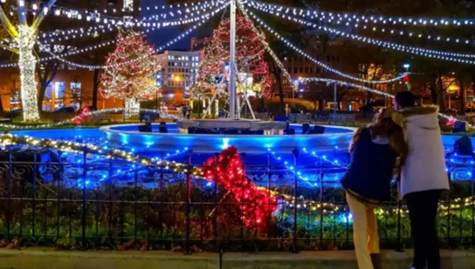 Couple look at holiday light show in winter.