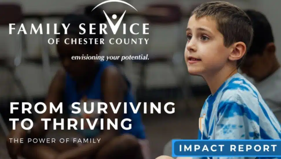 A placard announcing the 2025 Impact report for Family Service of Chester County