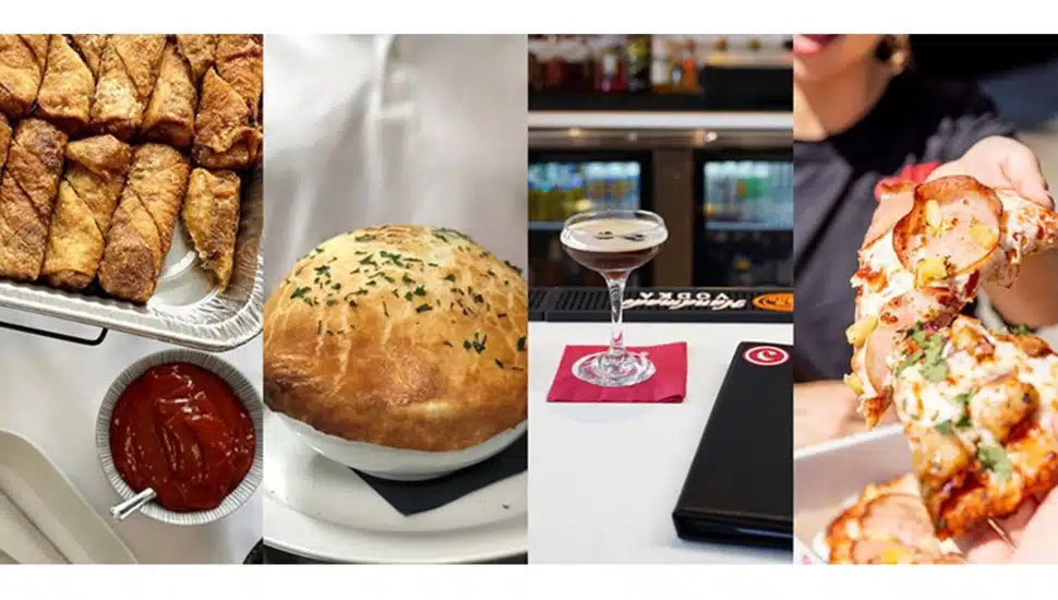 Photo collage of food and drink.