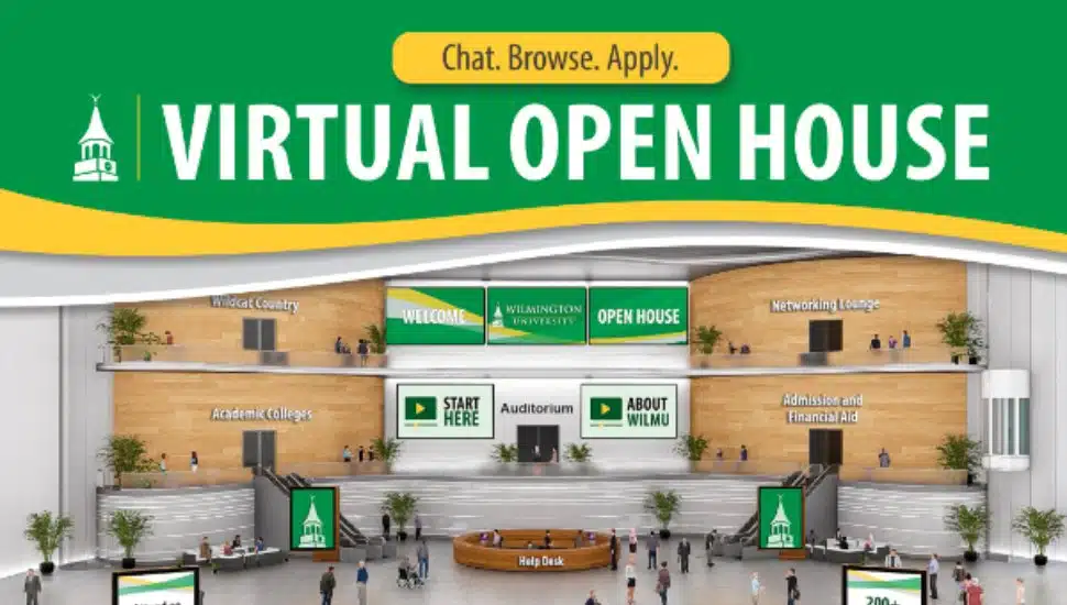 Promotional graphic for Wilmington University’s Virtual Open House, featuring a large virtual lobby with labeled areas such as Start Here, Auditorium, About WilmU, Academic Colleges, Networking Lounge, and Admissions and Financial Aid. Text highlights the event date—Wednesday, Dec. 3—and hours from 7 a.m. to 7 p.m. ET, with live chat starting at 11 a.m. The banner reads “Chat. Browse. Apply.” at the top.