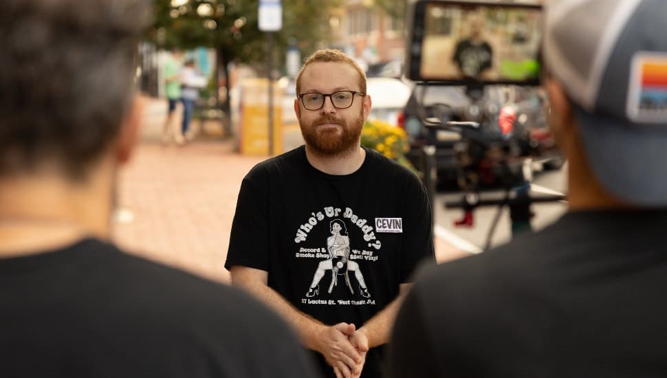 Kevin Suplee on West Chester sidewalk filming.