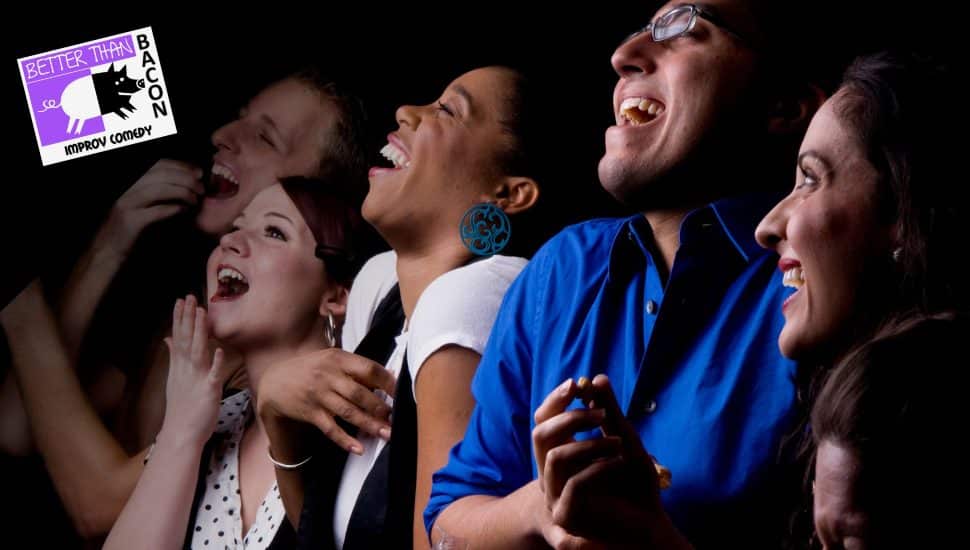 Five people laughing with Better Than Bacon logo in corner.