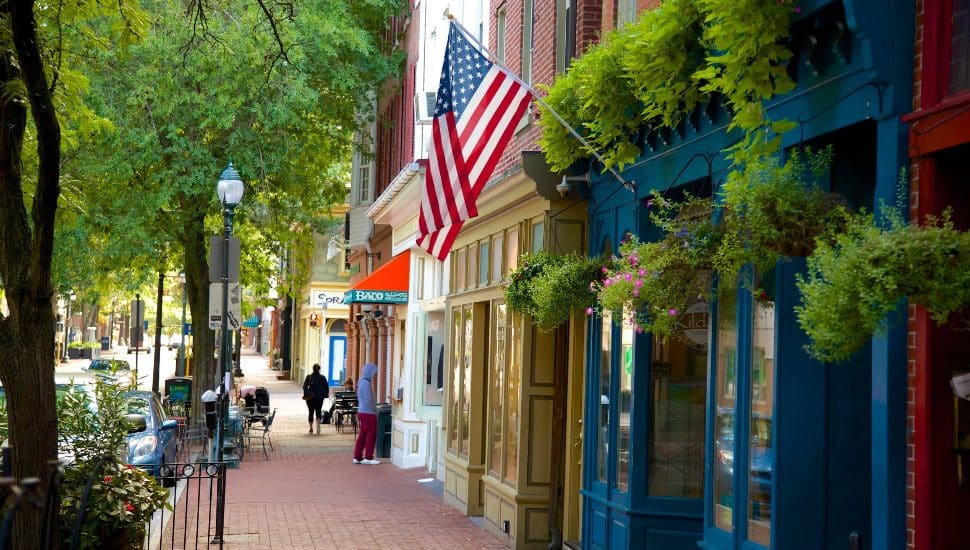 The exterior of independent businesses in downtown West Chester.