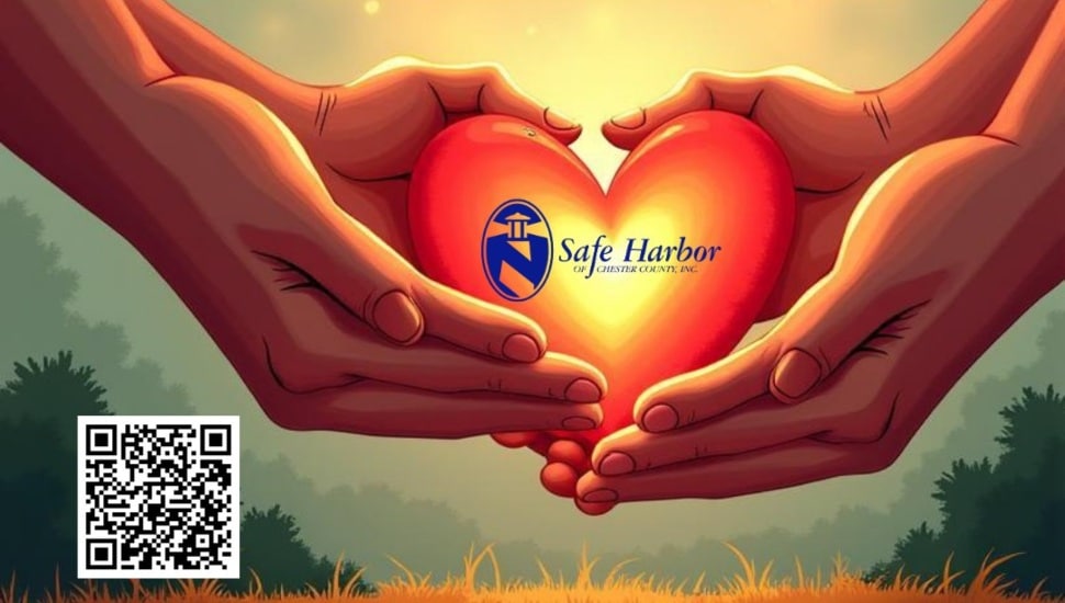 A Giving Tuesday poster from Safe Harbor of Chester County showing two hands holding a lit golden heart.