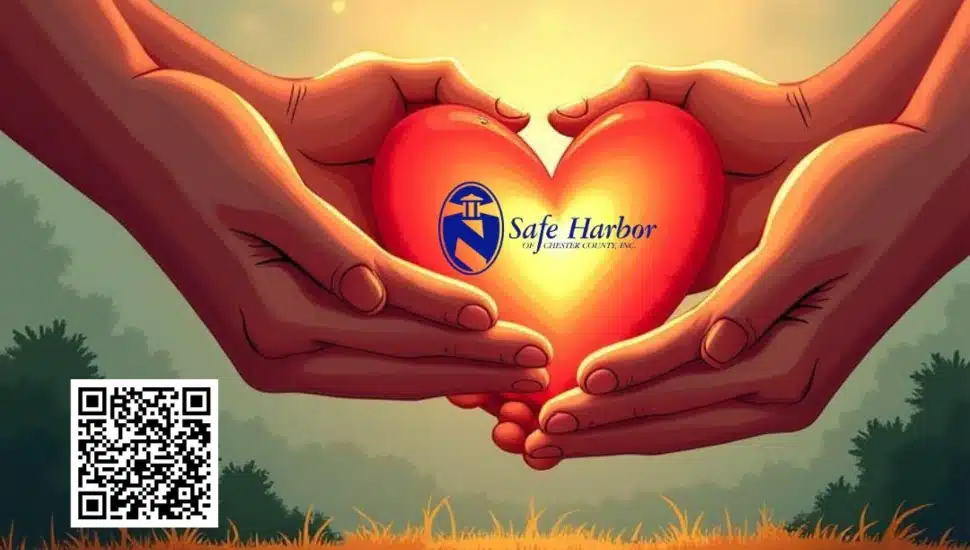 A Giving Tuesday poster from Safe Harbor of Chester County showing two hands holding a lit golden heart.