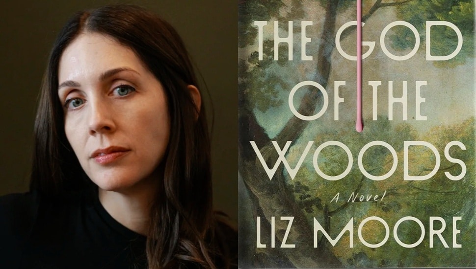 Liz Moore beside a photo of her book cover.