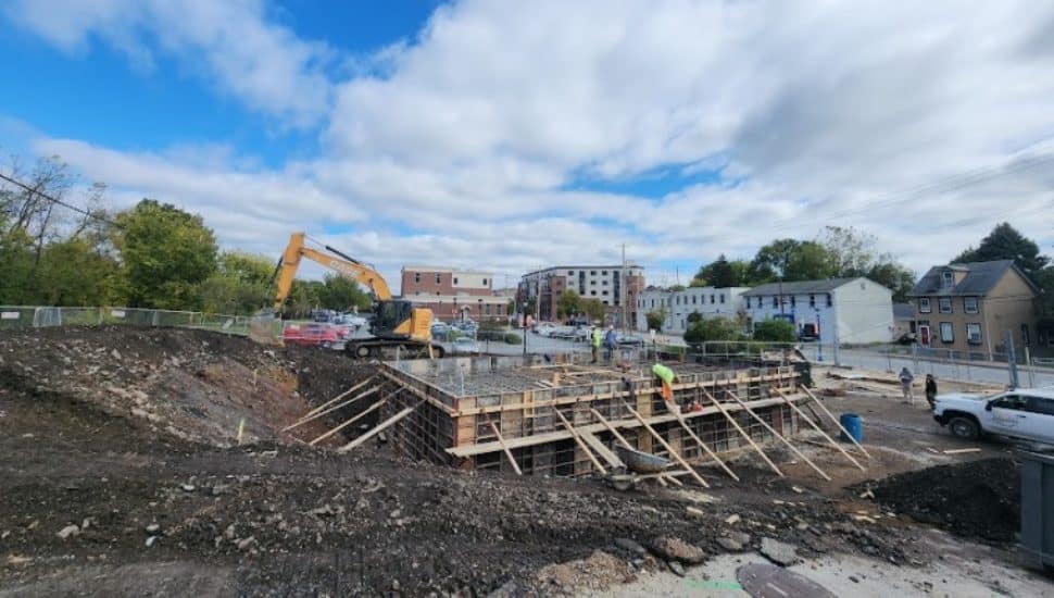 Outdoor construction for the upcoming Phoenix Wheel site in Phoenixville.
