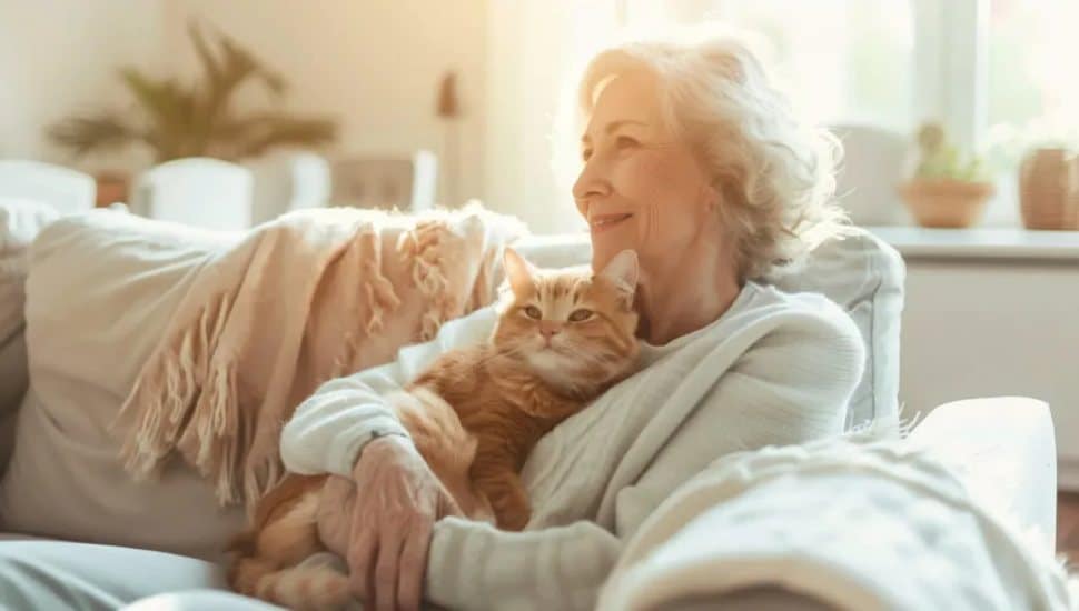 Senior woman holding an orange cat.