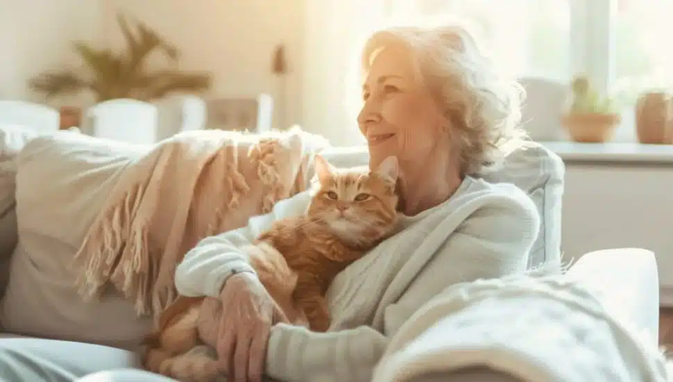 Senior woman holding an orange cat.