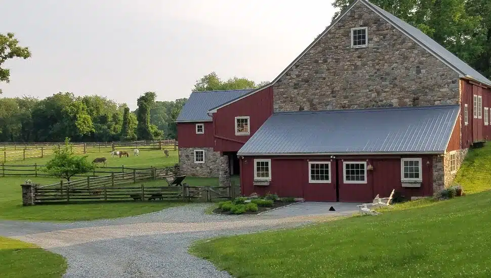 The exterior and surrounding farm animals at The Barn at Spring Brook Farm.