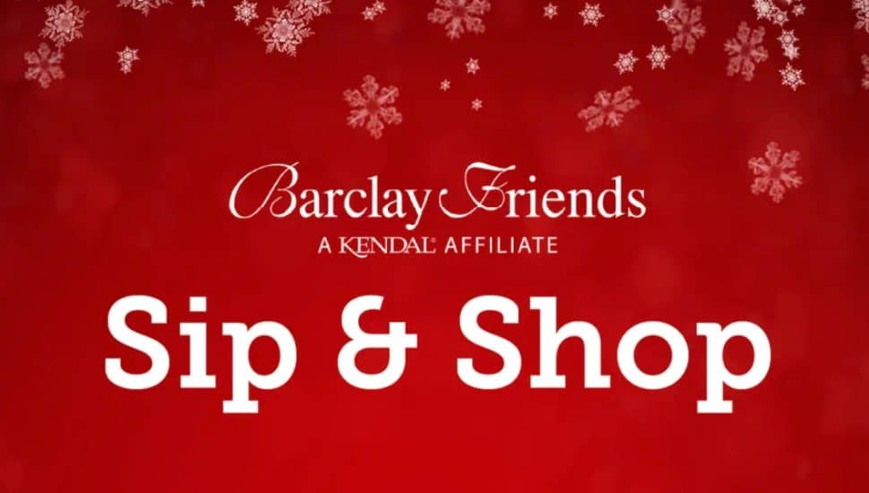 Red holiday-themed graphic with white snowflakes and the Barclay Friends logo above the text “Sip & Shop.”