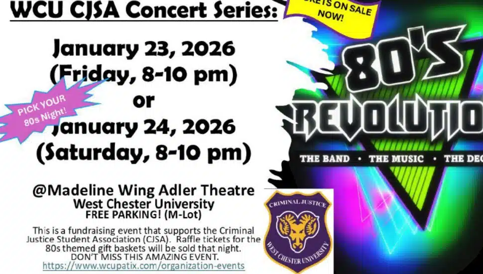 Event poster for the WCU CJSA Concert Series featuring 80s Revolution, listing January 23 or January 24, 2026, 8–10 p.m., at the Madeline Wing Adler Theatre, West Chester University, with free parking and ticket information.