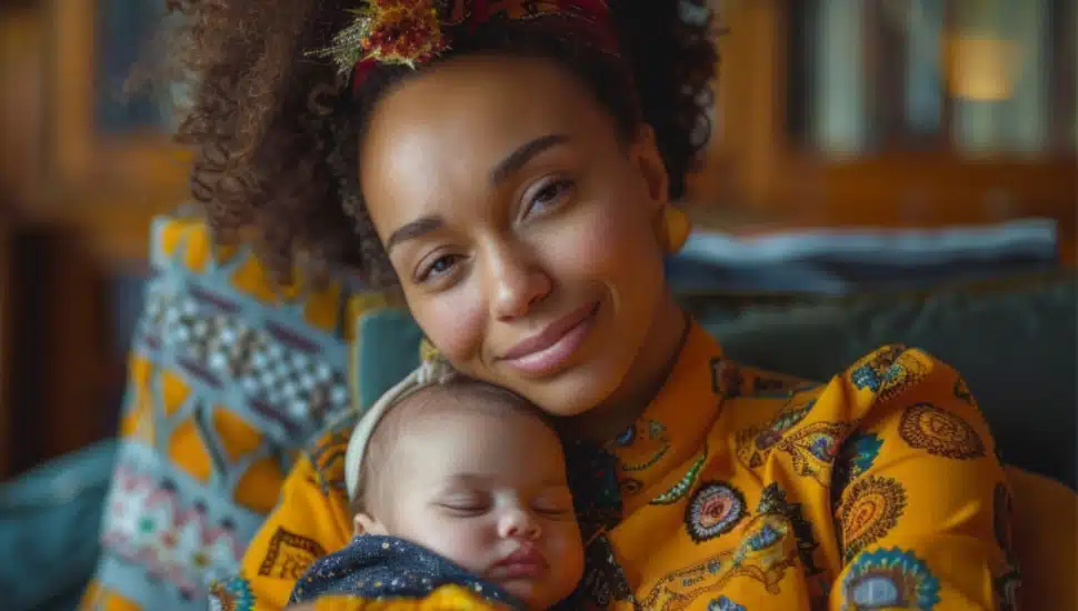 A young mother holds her baby.