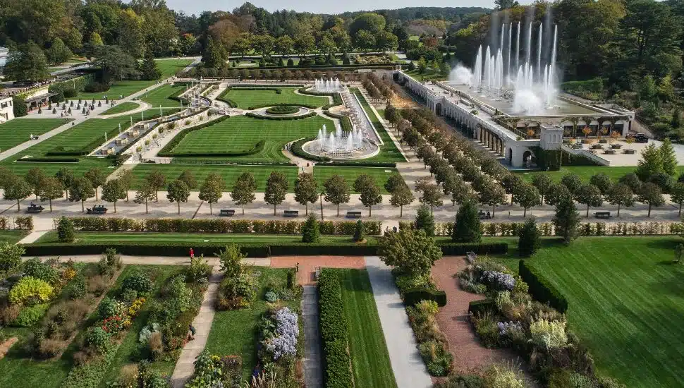 An aerial view of Kennett Square's Longwood Gardens.