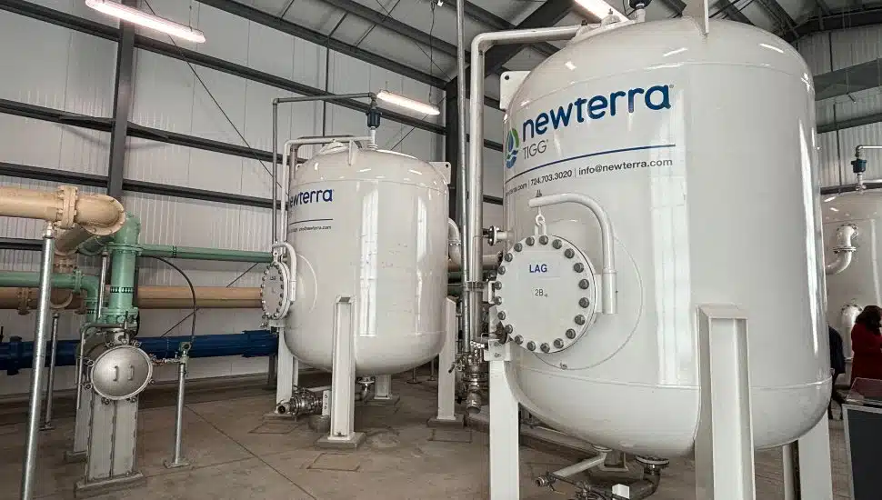 Large industrial PFAS treatment tanks installed inside a water treatment facility as part of a drinking water upgrade.
