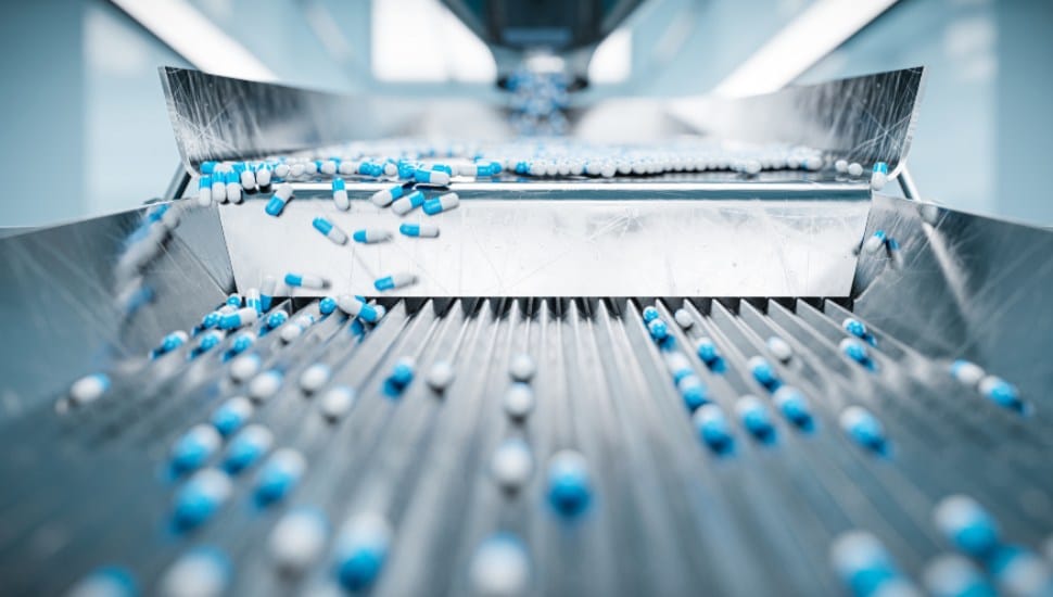 Prescription pills in a factory.