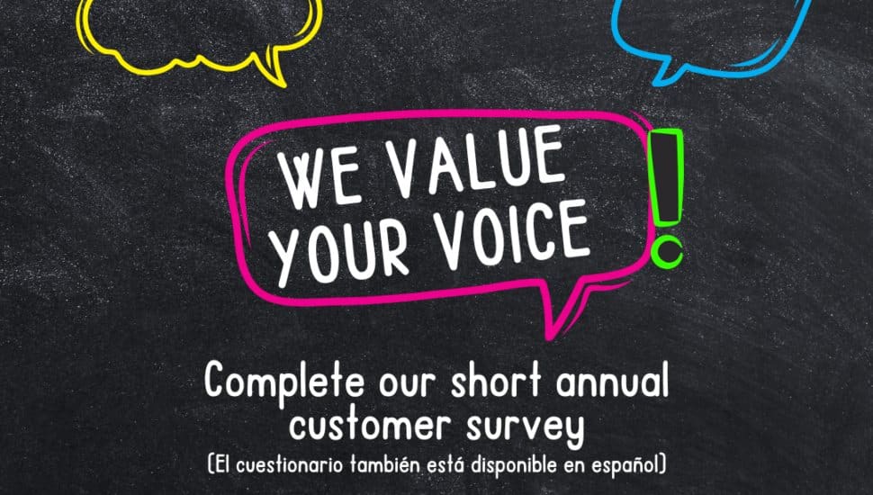 Graphic encouraging community members to complete the Chester County Library System annual customer satisfaction survey.
