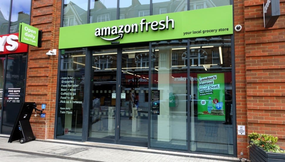 The front entrance of an Amazon Fresh store.