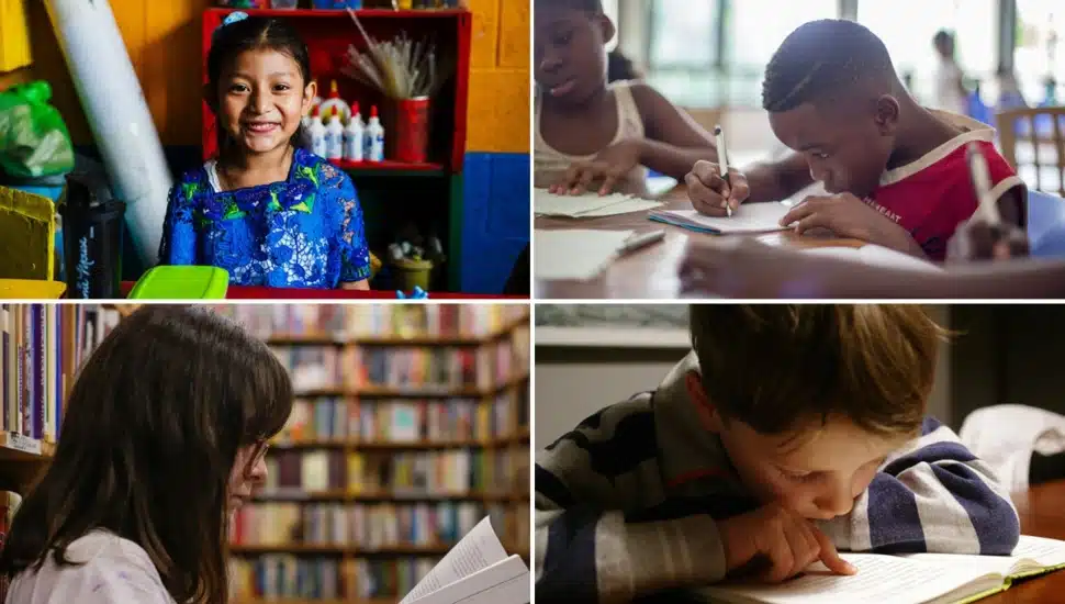 Photo collage of young students reading and writing.