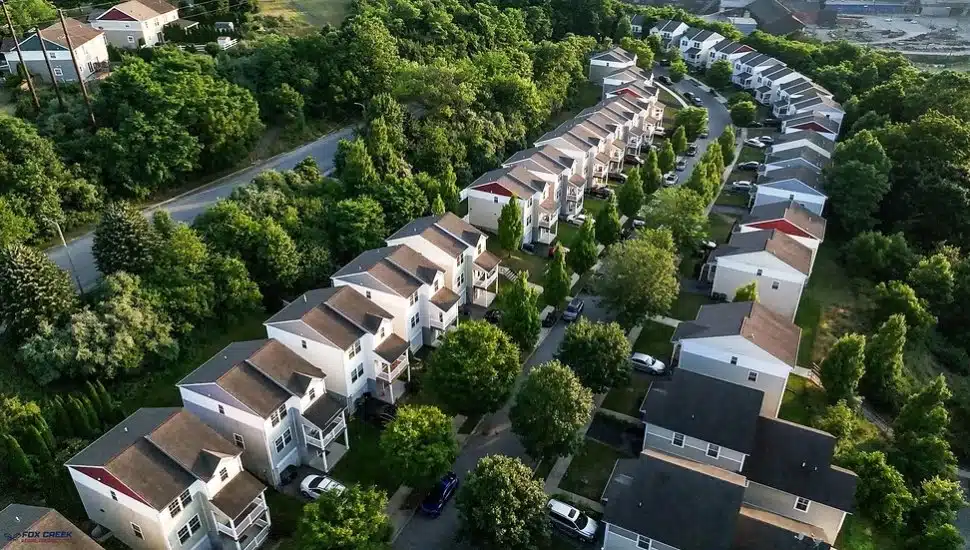 An aerial view of a Chester County housing development.