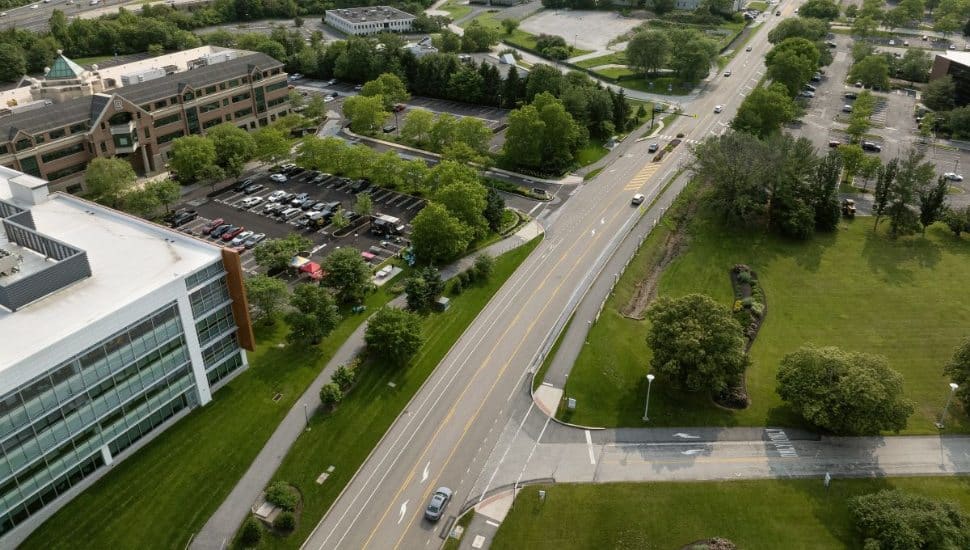An aerial view of the Chester Valley and Schuylkill River Trail network in King of Prussia.