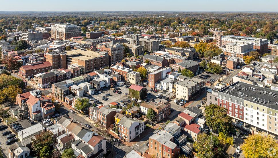 An aerial view of downtown West Chester.