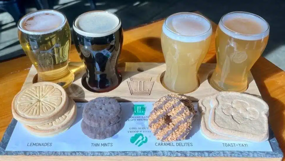 A Locust Lane "Cookie Flight" with four beers paired with four types of cookies.