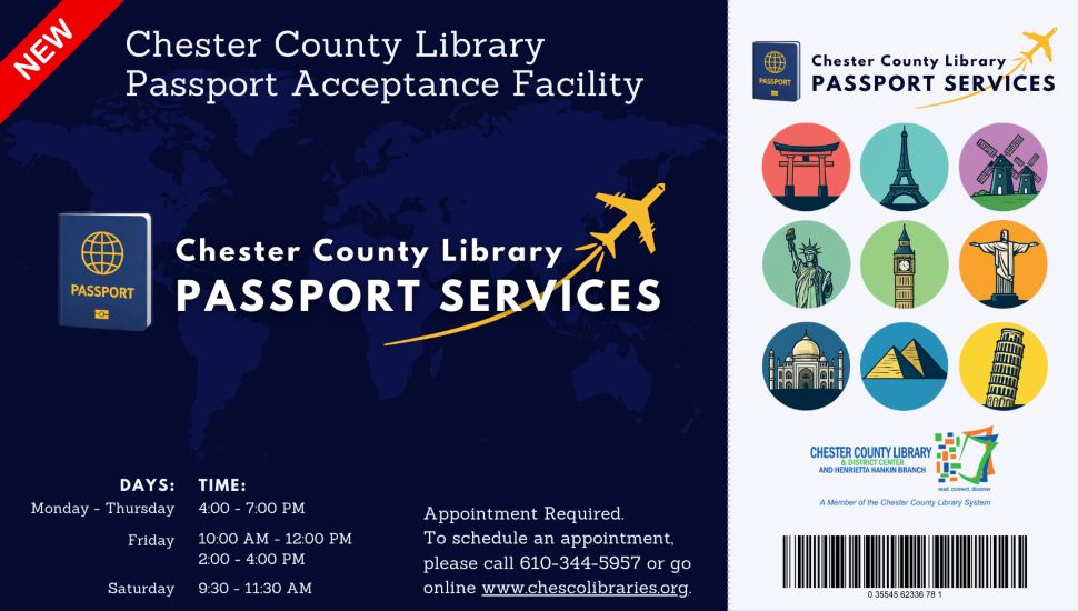Chester County Library Passport Services announcement graphic with world landmarks and passport icon, Exton PA.