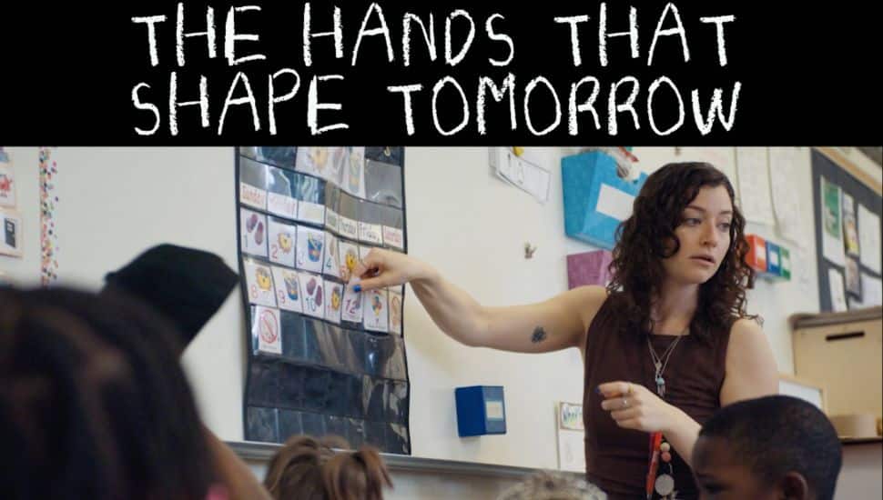 Promotional image for The Hands That Shape Tomorrow showing an early childhood educator interacting with young children in a classroom.