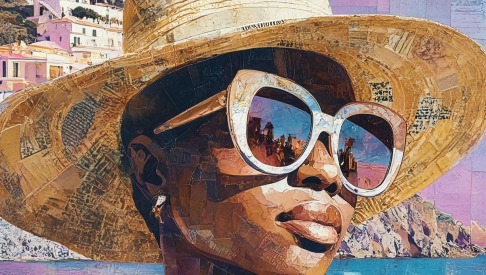 Stylized artwork for People’s Light’s 2026 production of Twelfth Night, featuring a woman wearing a wide-brimmed straw hat and oversized white sunglasses partially submerged in reflective water, with a pastel-toned coastal backdrop inspired by Dubrovnik, Croatia.