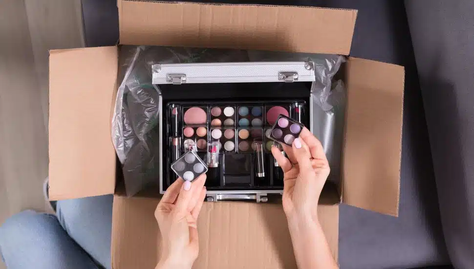 Person looks at make up palette in opened package.