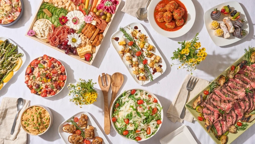 carlino's market food dishes arranged on a table, aerial shot.