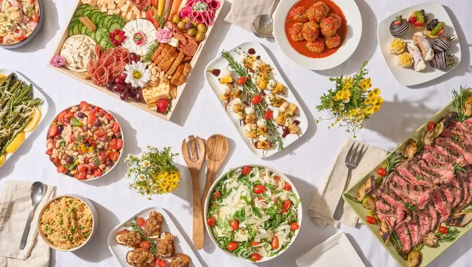 carlino's market food dishes arranged on a table, aerial shot.