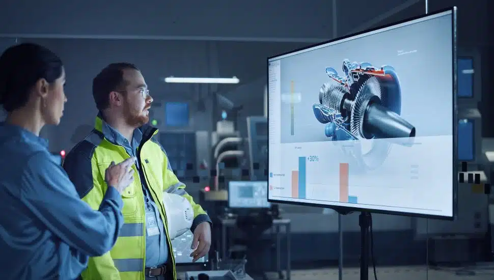 Two engineers look at hardware prototype on screen.