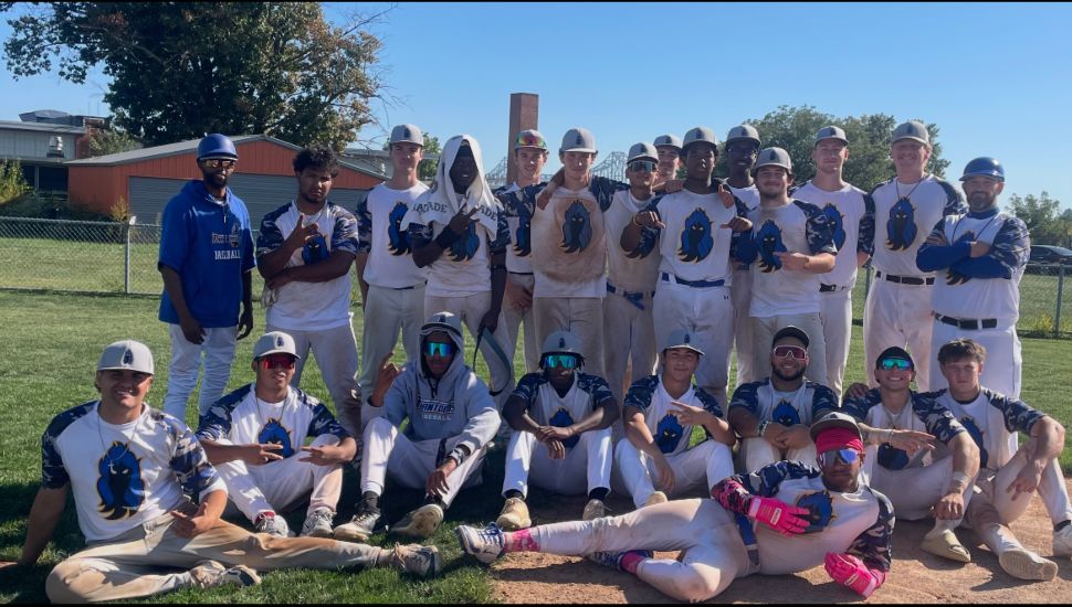 Members of the Delaware County Community College Phantoms baseball team pose together on the field ahead of the 2026 season.
