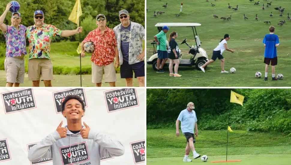 Collage of people playing footgolf at last year's event.
