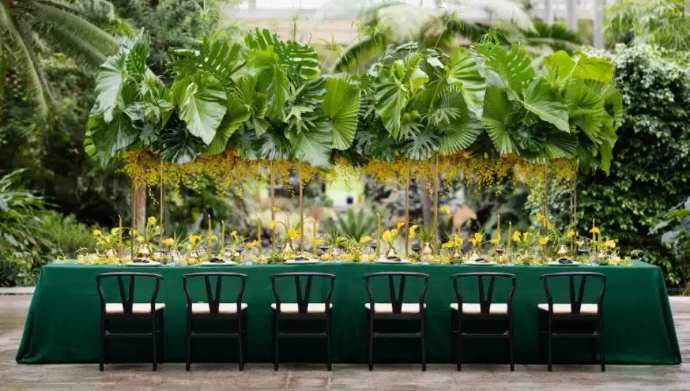 An event table and surrounding chairs at a Longwood Gardens event in the Main Conservatory.